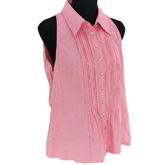 𝅺Spense sleeveless stitched small pleated button front coral/white checked top - Picture 4 of 6